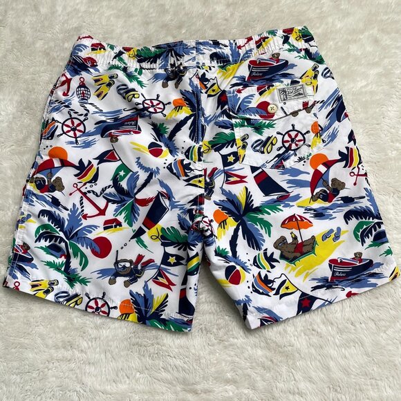 POLO Ralph Lauren Bear Print Boy's White Traveller Classic Swimming Trunk Size L